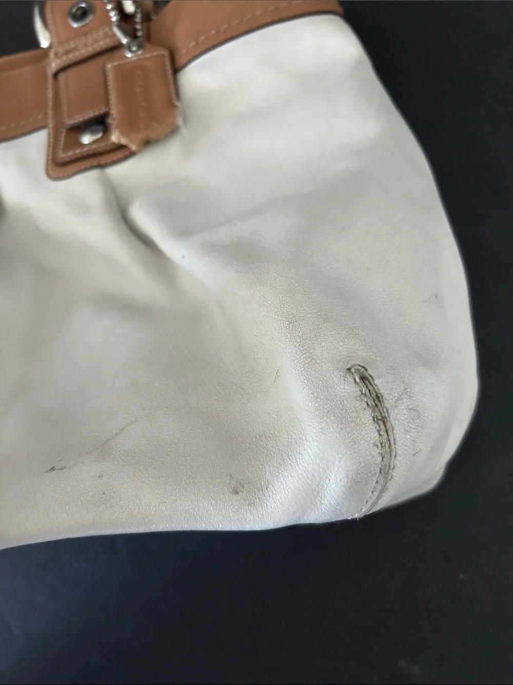 Coach Cream Canvas Shoulder Bag with Tan Leather Trim